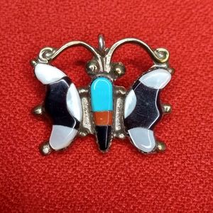 Native American Sterling Silver Butterfly Pendant Pin Turquoise Jewelry